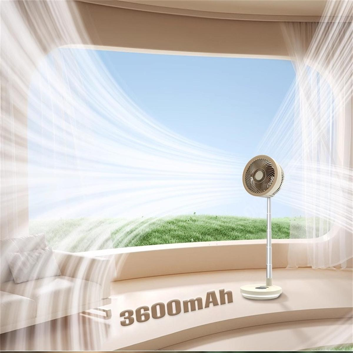 Ein beiger Ventilator steht in einem Raum mit Fenster. Draußen ist eine grüne Wiese und blauer Himmel. Text sagt 3600mAh.