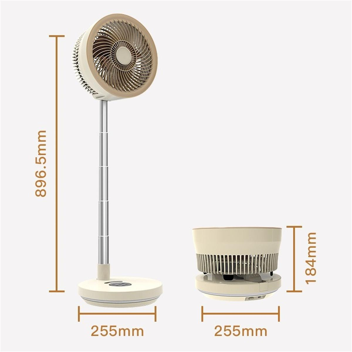 Ein beiger und silberner Ventilator mit Maßen. Daneben steht ein kleinerer Ventilator in der gleichen Farbe.