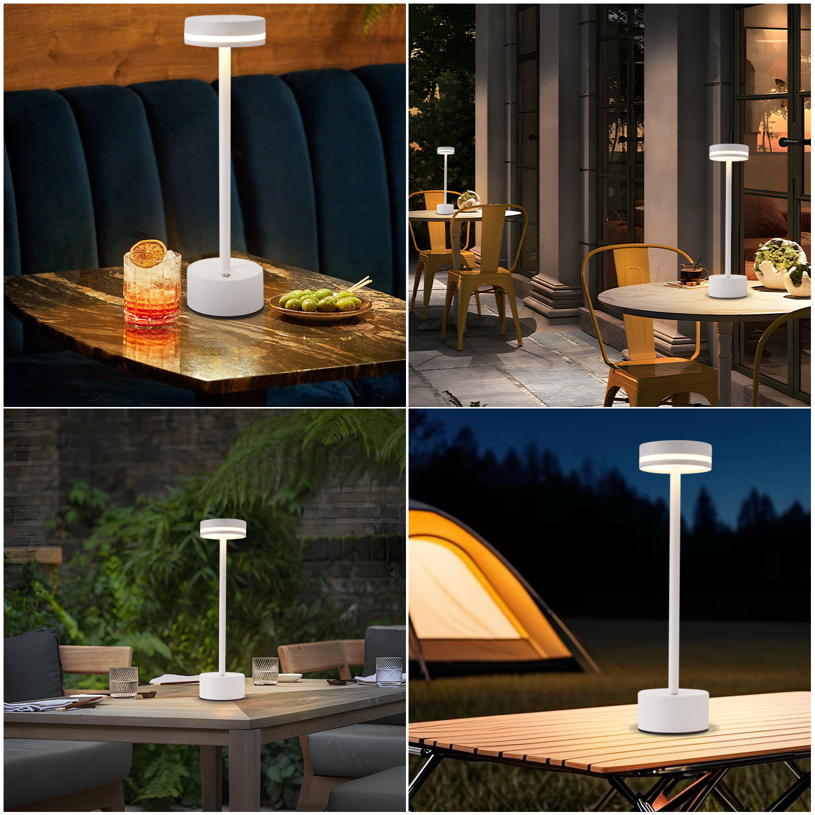 Cztery obrazy białej lampy stołowej w różnych ustawieniach: restauracja, kawiarnia na świeżym powietrzu, stół i kemping.