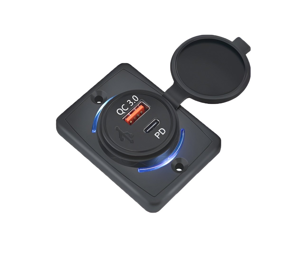 Ein schwarzer USB-Ladeanschluss mit einem QC 3.0-Anschluss und einem PD-Anschluss. Er befindet sich in einem schwarzen Rahmen mit einer Abdeckung. Der Rahmen hat ein blaues Licht.