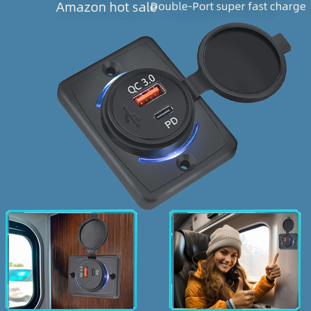 Ein schwarzes Autoladegerät mit zwei Anschlüssen und einer Abdeckung. Eine Frau gibt einen Daumen hoch. Der Text sagt Amazon.