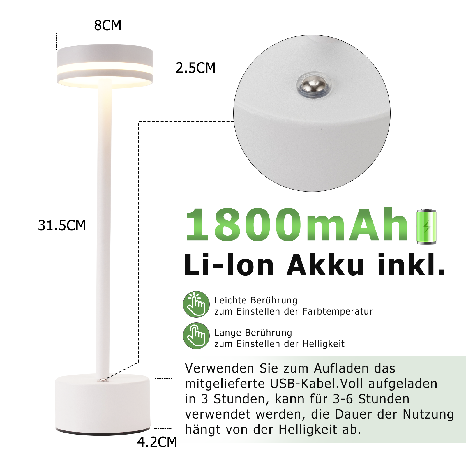 Biała lampa biurkowa LED z wymiarami i tekstem o żywotności baterii i ustawieniach dotykowych.