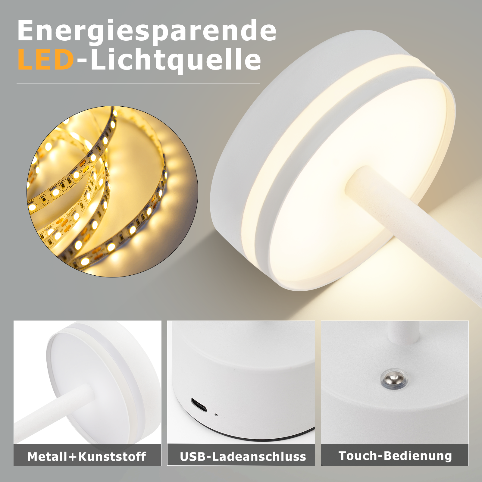 Biała lampa stołowa, widok szczegółowy: źródło światła LED, port ładowania USB, sterowanie dotykowe. Pokazano różne części lampy.