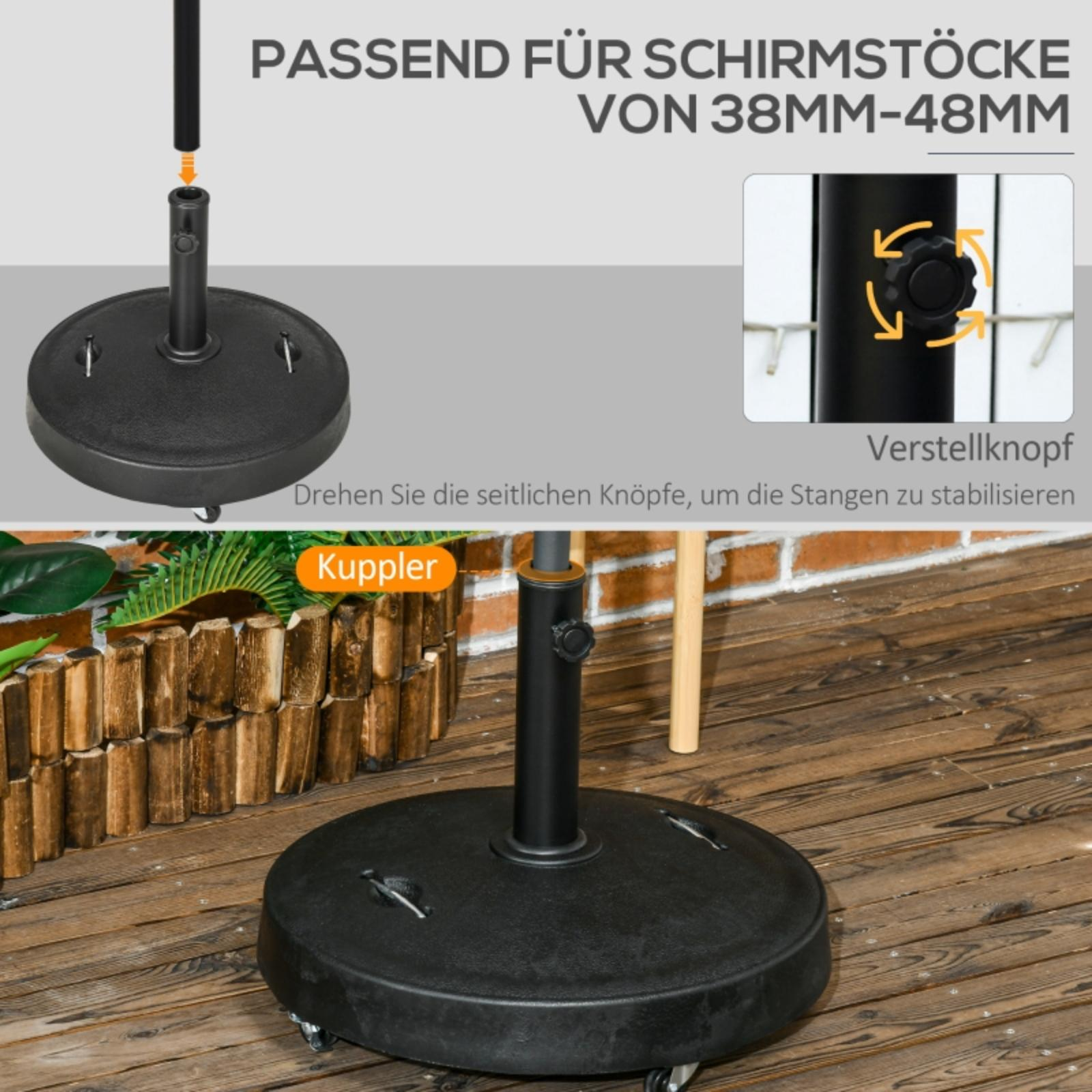 Schwarzer Sonnenschirmfuß mit schwarzem Mast. Die Basis hat Räder und Text zur Stabilisierung.