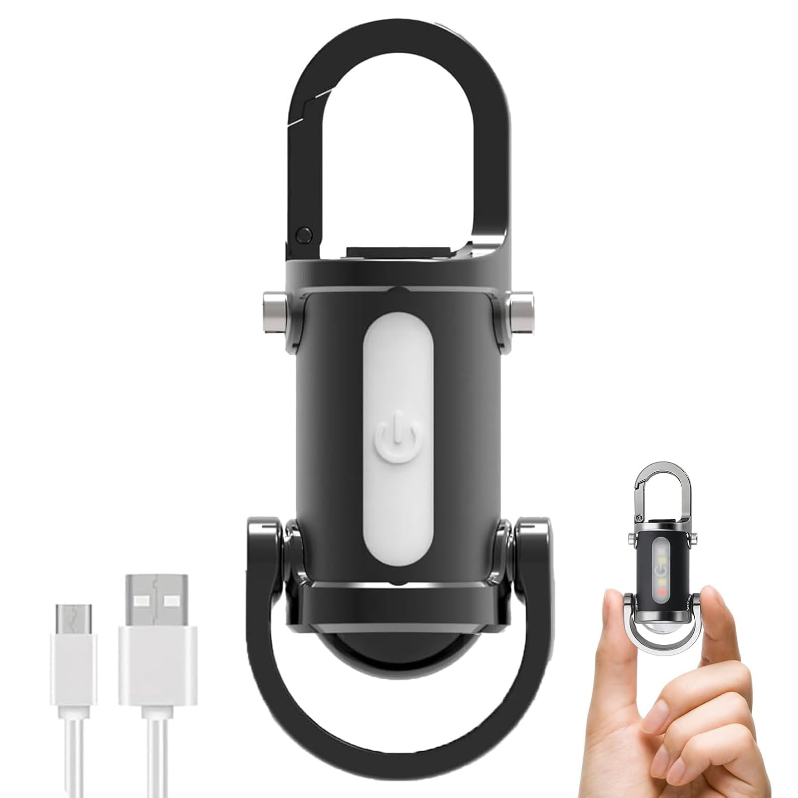 Schwarze Schlüsselanhänger-Taschenlampe mit Seitenlicht und zwei USB-Kabeln. Kleine Version in der Hand.