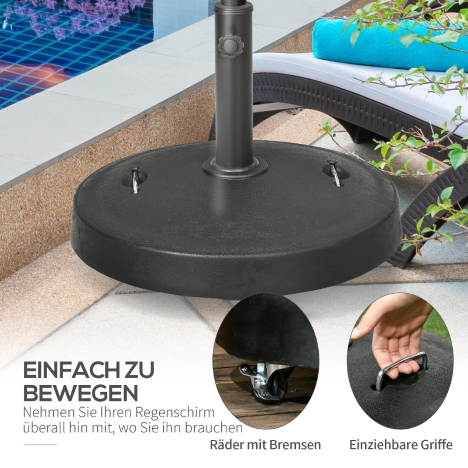 Schwarzer Sonnenschirmfuß mit Rädern auf einer Terrasse. Pool im Hintergrund. Fokus auf der Basis mit Text.