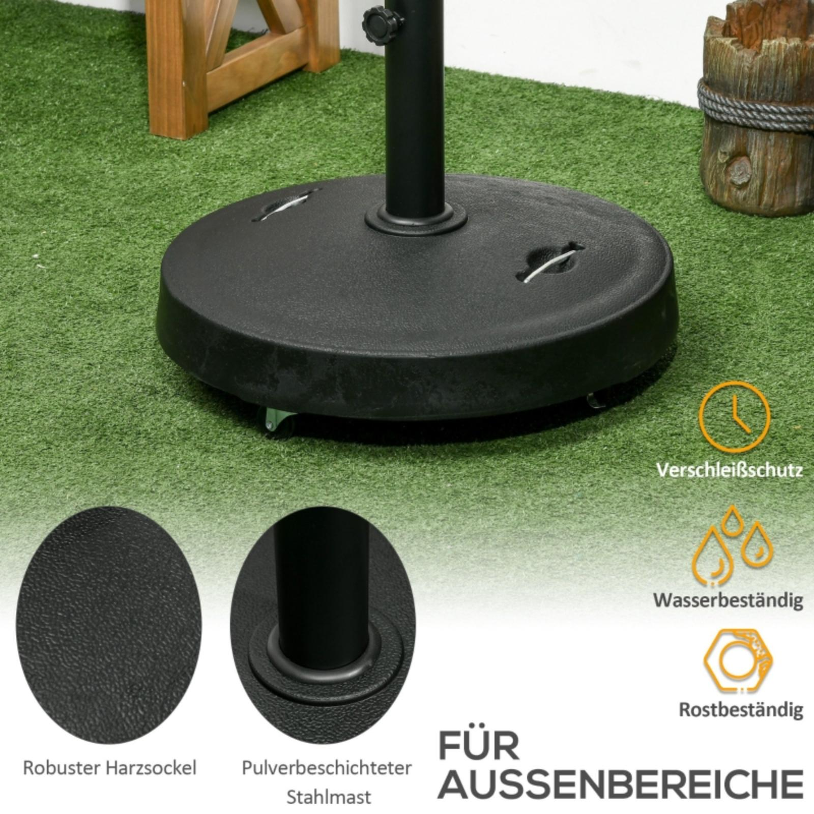 Schwarzer Sonnenschirmfuß auf grünem Gras. Nahaufnahmen der Textur und der Stahlstangenverbindung. Text.