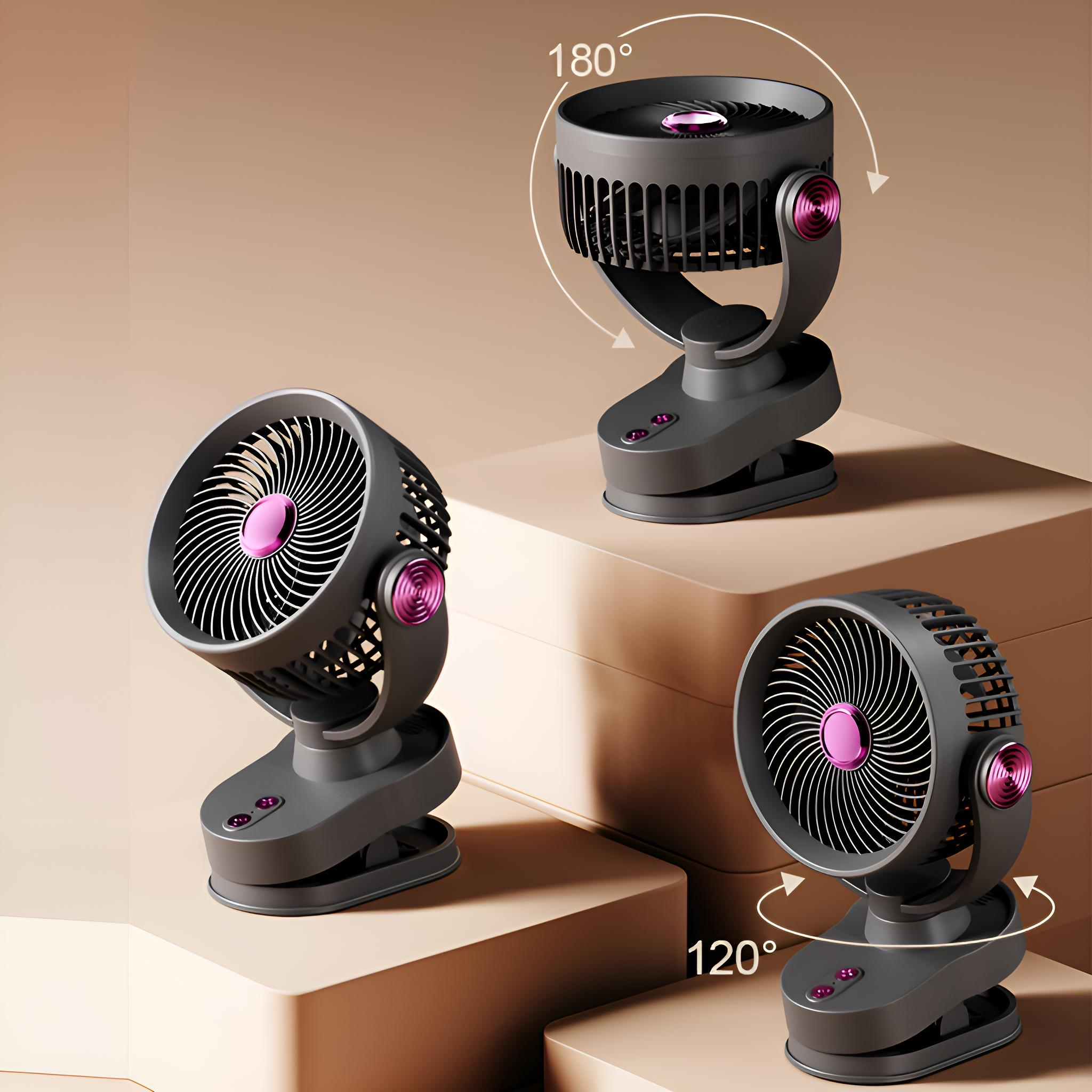 Drei graue Ventilatoren mit rosa Akzenten in verschiedenen Positionen. Der Hintergrund ist beige und braun.