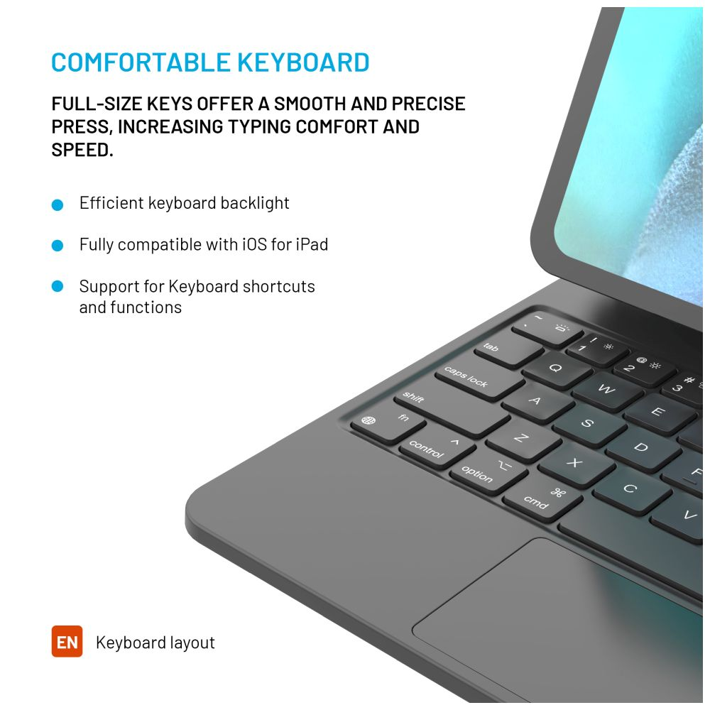 Nahaufnahme einer iPad-Tastatur. Die Tasten sind grau mit weißer Beschriftung. Das Touchpad befindet sich unter den Tasten.