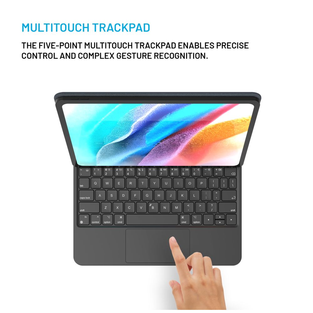 Eine Tastatur mit Touchpad und eine Hand, die sie benutzt. Der Hintergrund ist weiß.