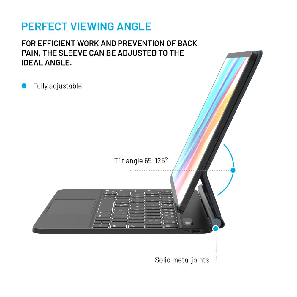 Ein Laptop mit Tastatur ist geneigt. Text hebt den Betrachtungswinkel und die Gelenke hervor.