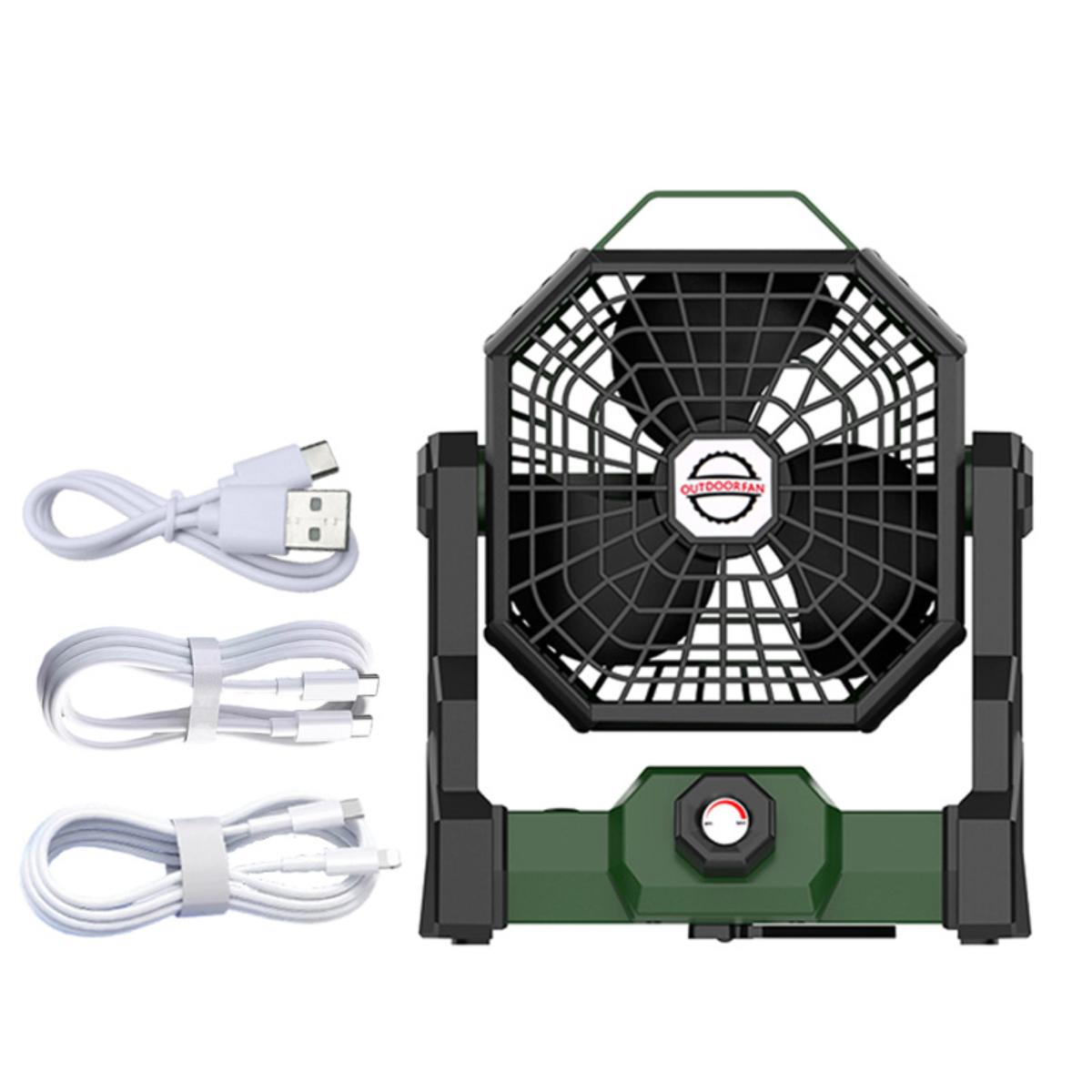 Ein schwarz-grüner Outdoor-Ventilator mit Kabeln. Der Ventilator hat ein schwarzes Gitter.