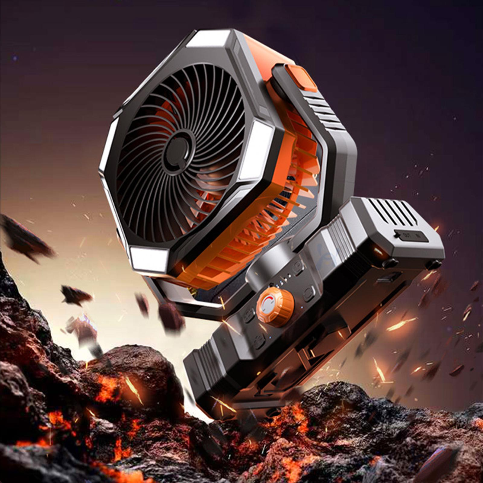 Ventilator mit orange-schwarzem Design vor feurigem Hintergrund.