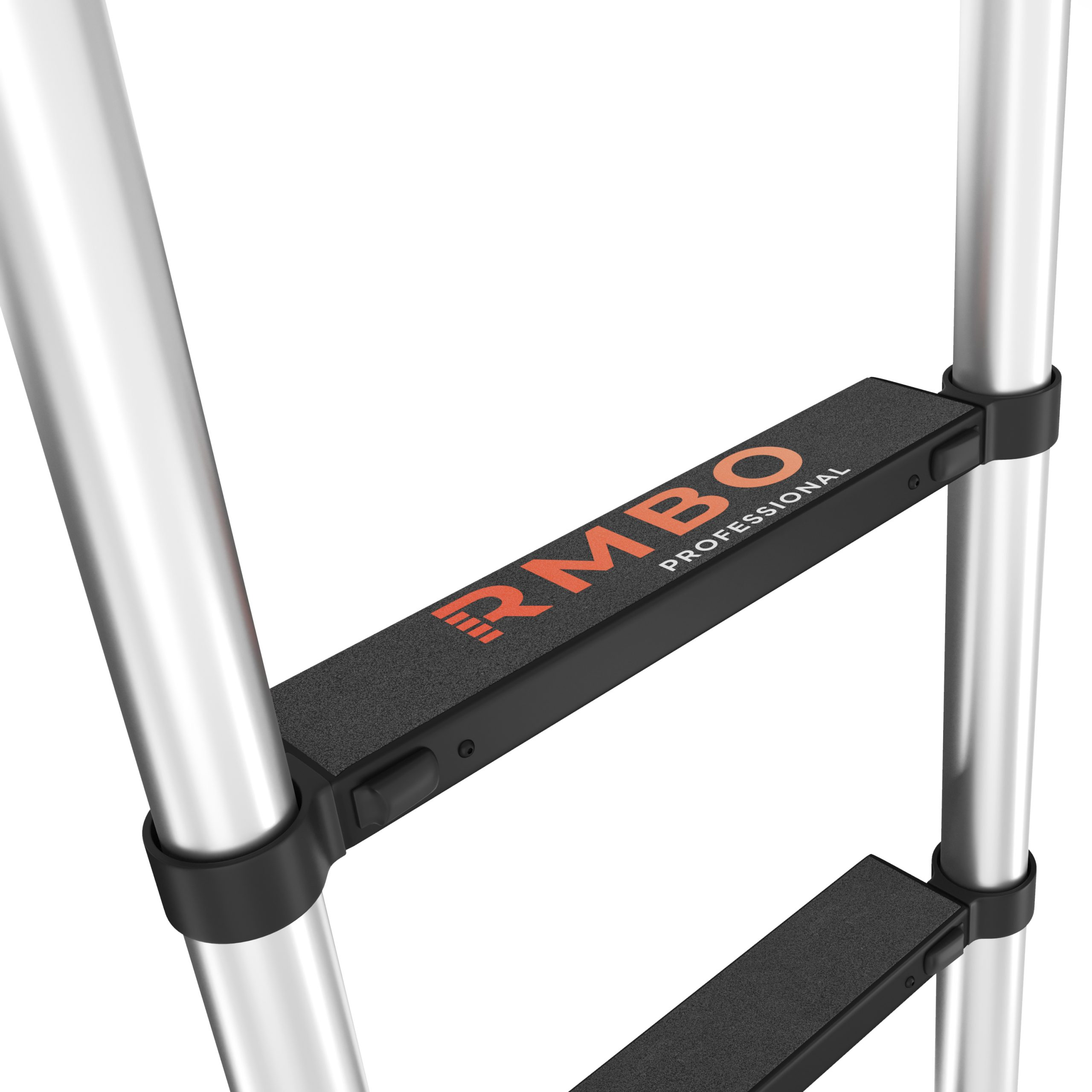 A close-up view of a ladder step. The step is black and has the word RMBO written on it.