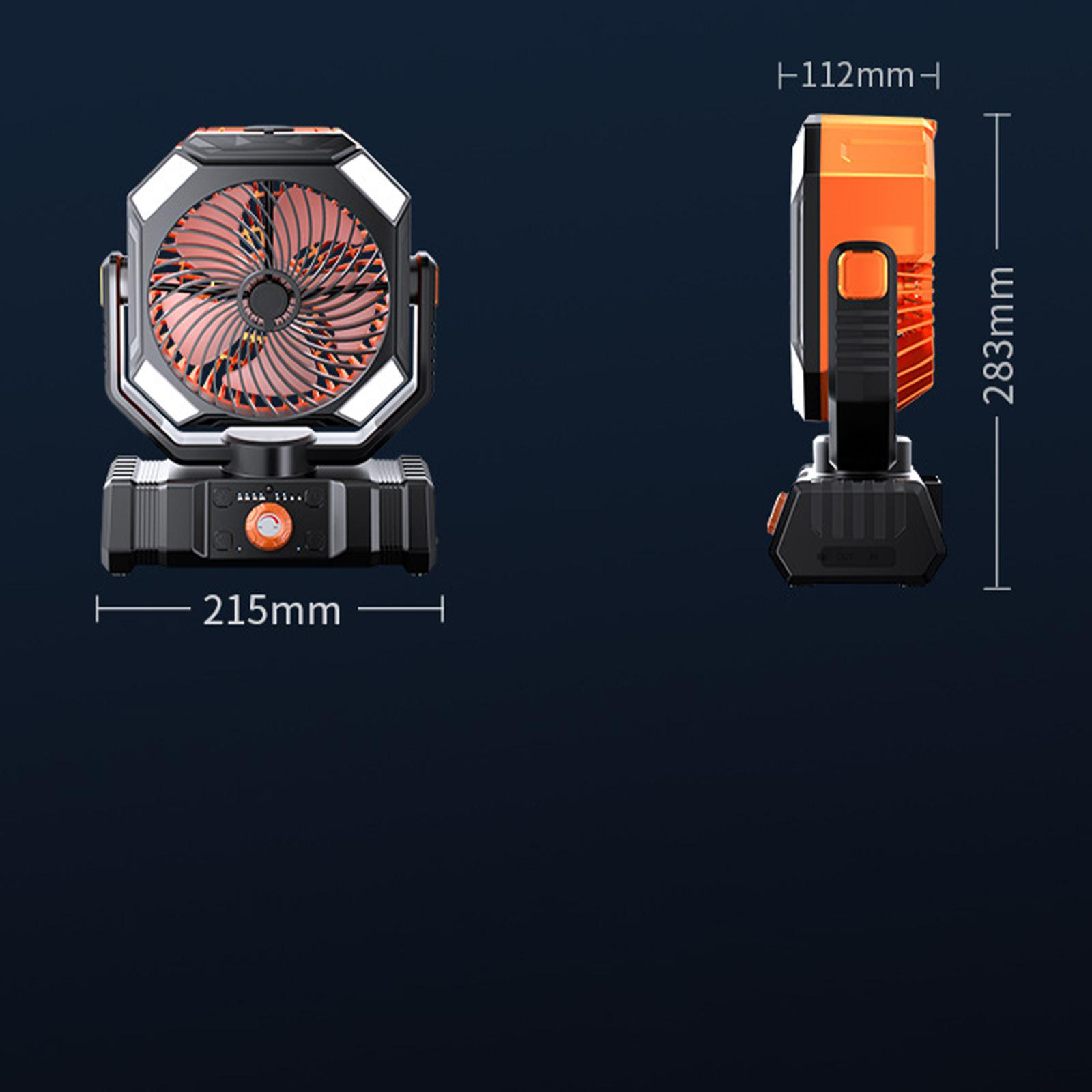 Ein schwarzer und orangefarbener Ventilator mit Abmessungen. Der Ventilator hat ein zentrales Lüfterblatt und umgebende Lichter.