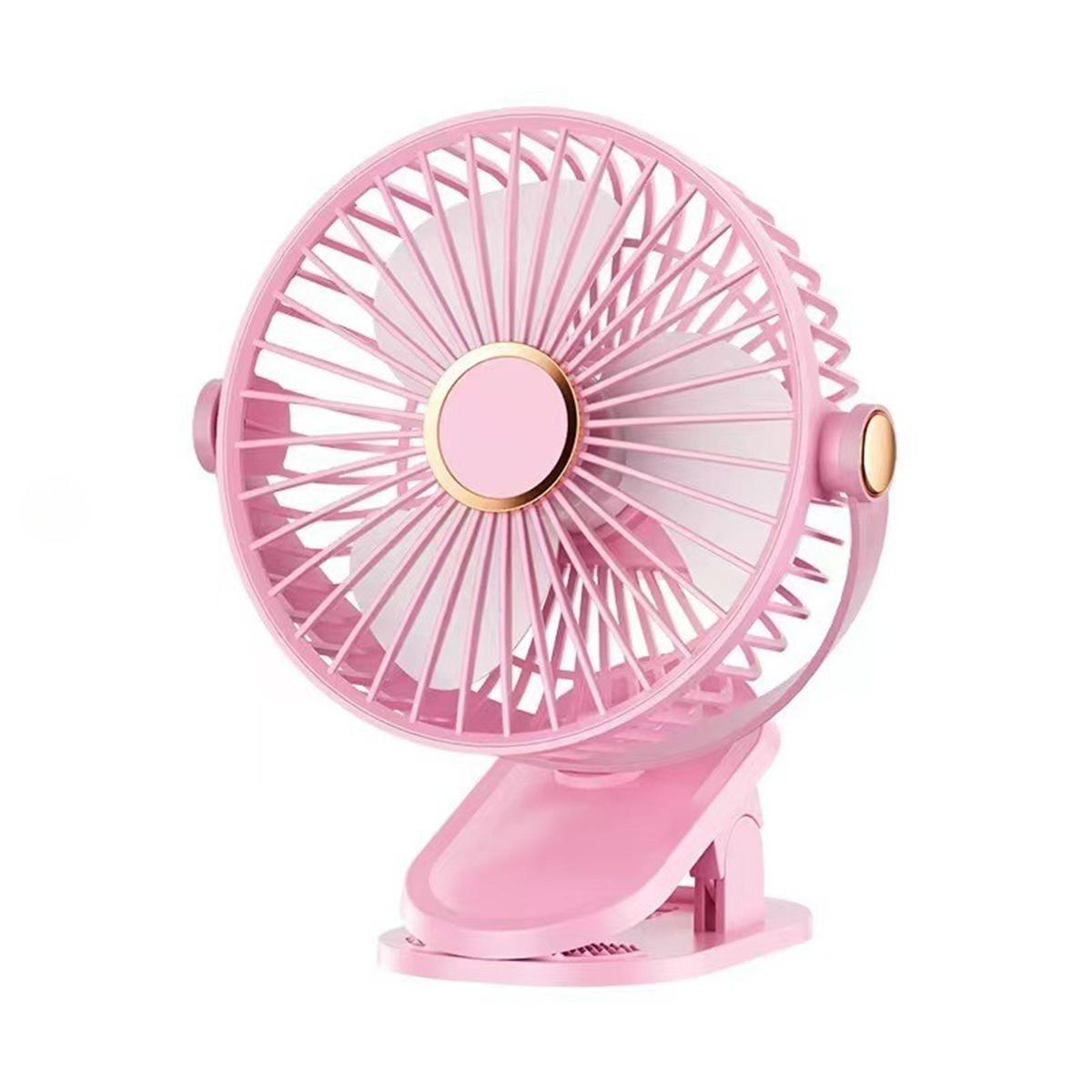 Pinkfarbener tragbarer Ventilator, Clip-on-Stil, mit rosa Basis und rundem Ventilatorkopf, Flügel sichtbar.
