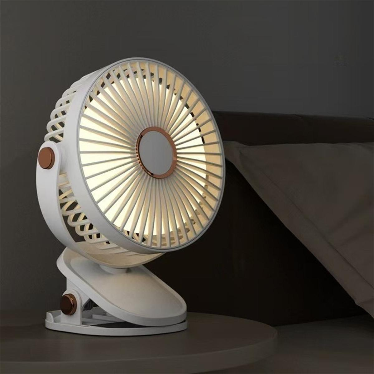 Ein weißer Schreibtischventilator steht auf einem Tisch. Er hat einen Clip und wird von einer Deckenleuchte beleuchtet.