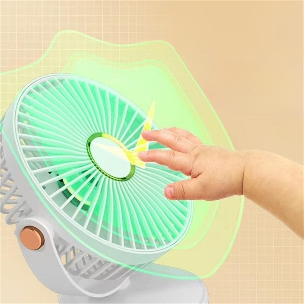 Hand in der Nähe eines Ventilators mit grünen Flügeln. Motion-Grafiken zeigen Luftbewegung vom Ventilator.