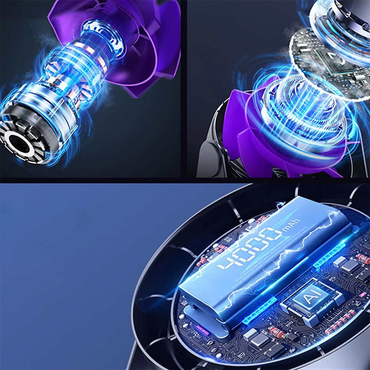 Nahaufnahme der Innenkomponenten eines Staubsaugers mit blauen Lichteffekten und einer blauen Batterie.