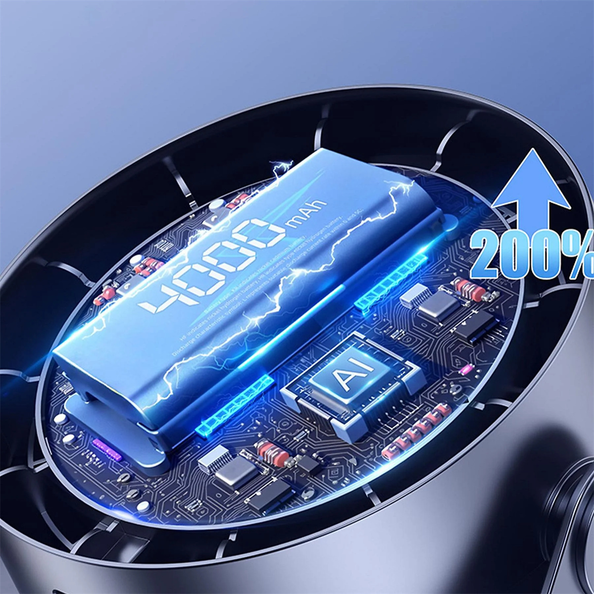 Nahaufnahme einer Batteriekomponente mit blauer Lichtgrafik und einem Pfeil, der eine 200%ige Steigerung anzeigt.