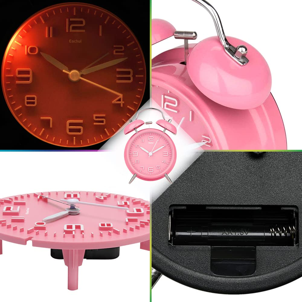 Nahaufnahmen von Teilen eines rosa Weckers, die das Zifferblatt, die Glocken und das Batteriefach zeigen.