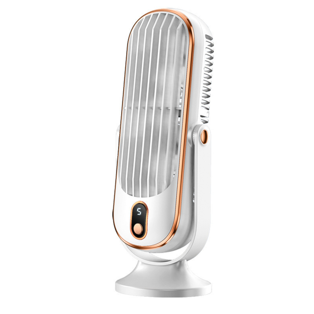 Ein weißer und roségoldener Ventilator mit ovalem Design, der auf einem weißen Sockel steht. Eine Digitalanzeige zeigt die Zahl 5.