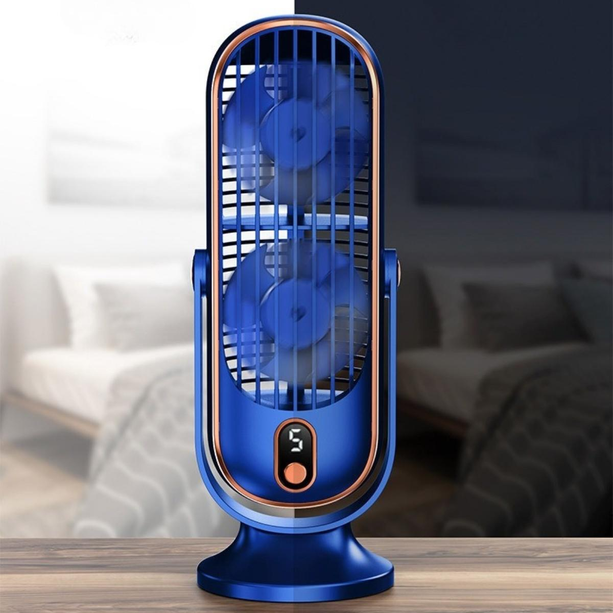 Blau-goldener Ventilator mit zwei Flügeln, zeigt die Digitalanzeige.