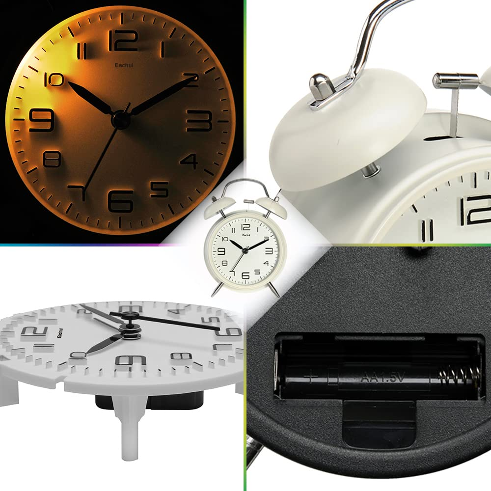 Eine Collage aus vier Zifferblättern und einer Uhrrückseite mit Batteriefach, die verschiedene Uhrdetails zeigen.