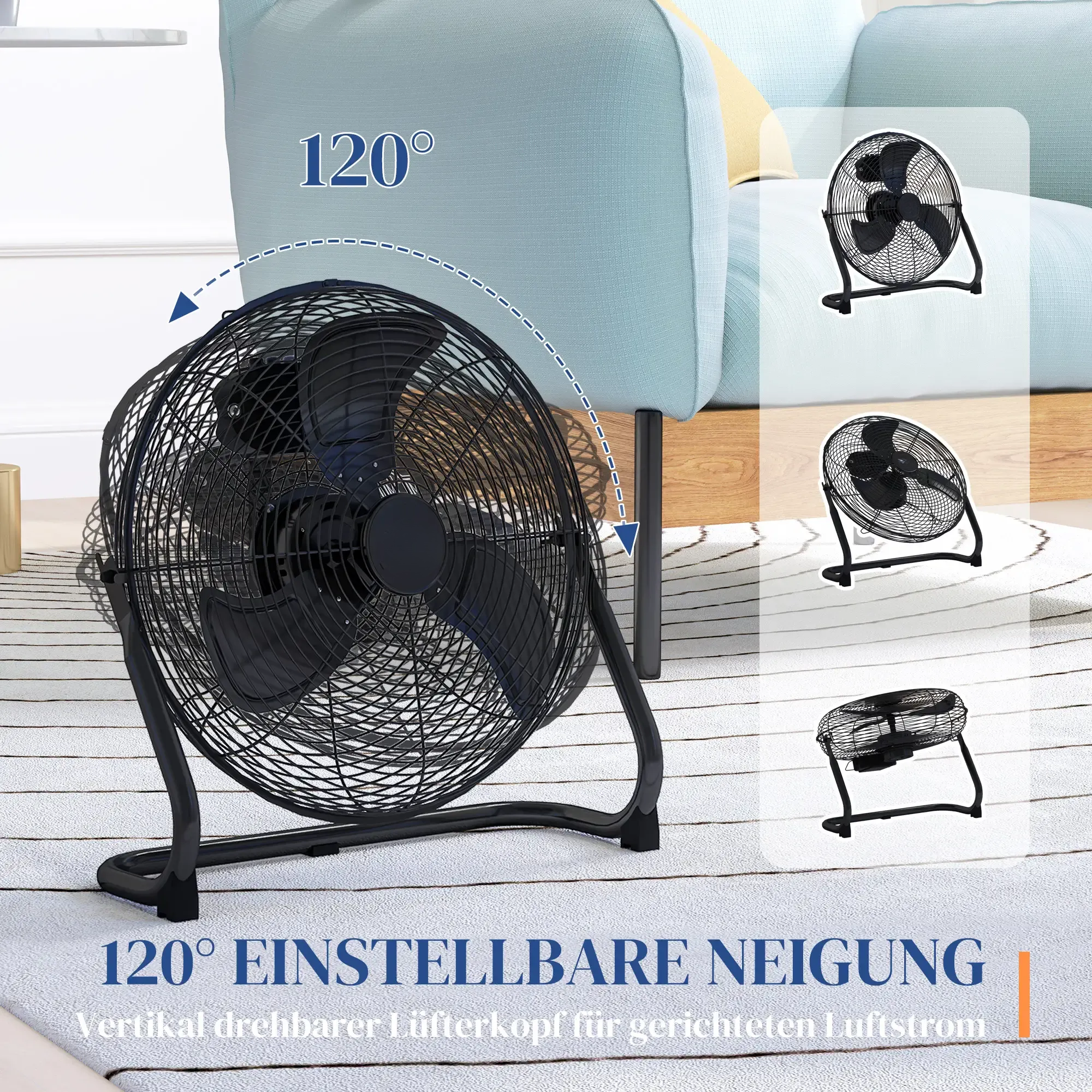 Ein schwarzer Ventilator mit abgewinkelten Flügeln, mit kleineren Zusatzbildern. 120° Neigung.