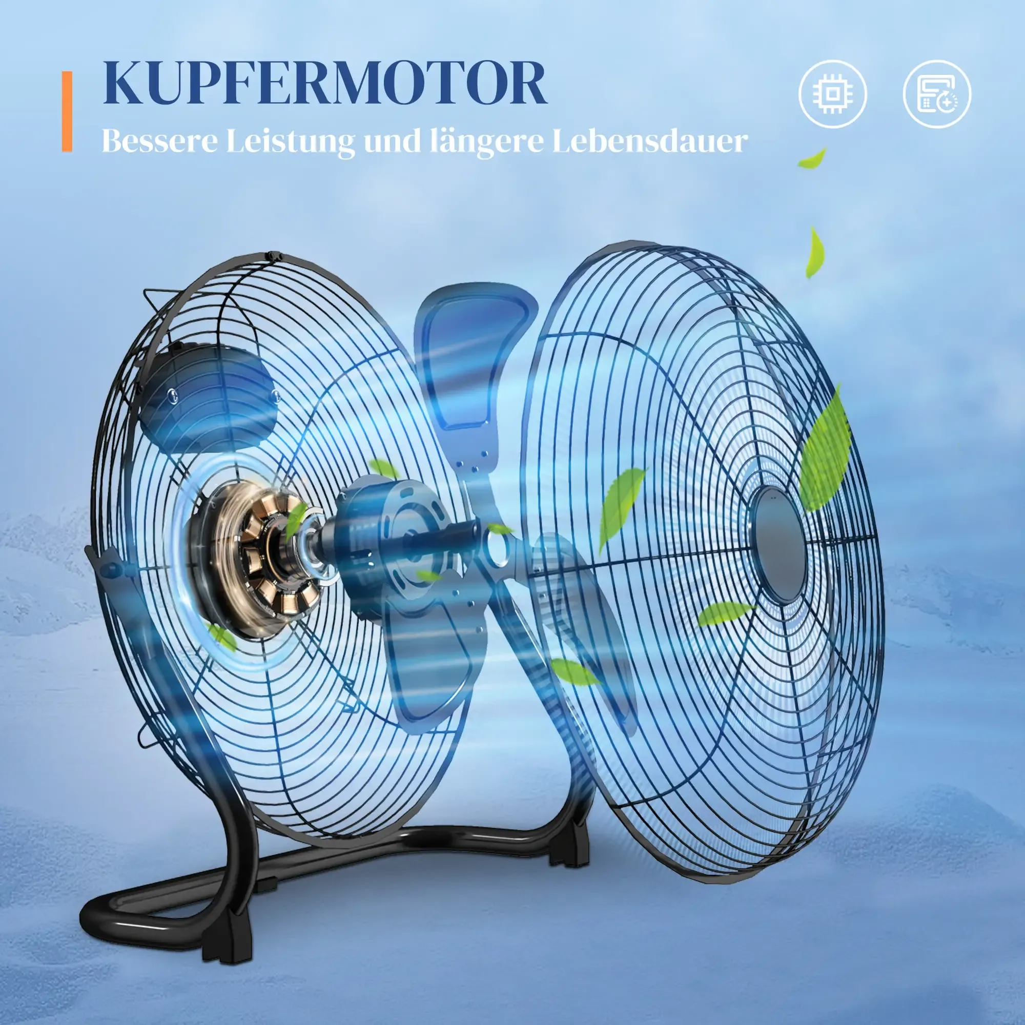 Zwei Ventilatoren mit Kupfermotor und Text über bessere Leistung, auf blauem Grund.