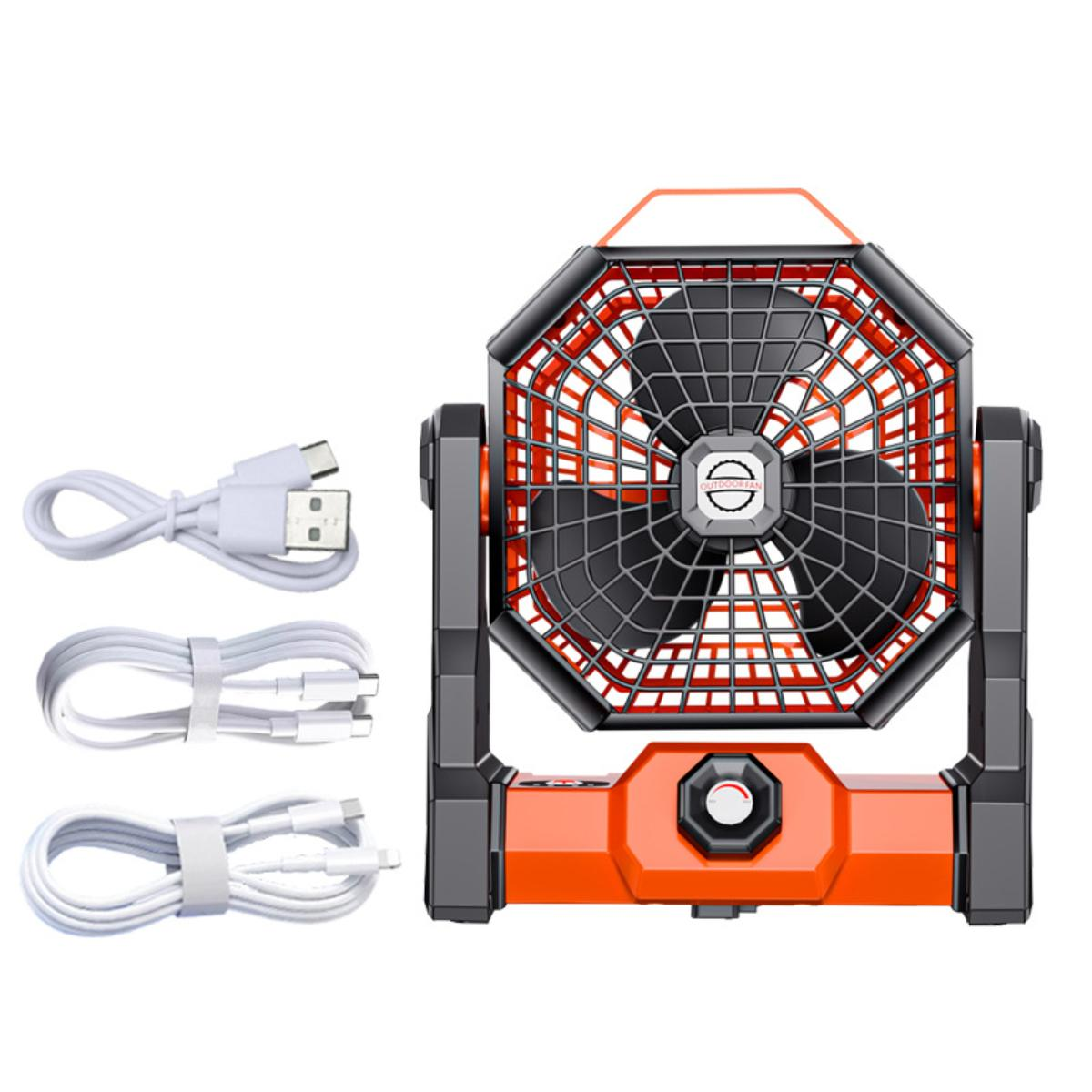 Tragbarer orange-schwarzer Ventilator mit USB-Kabel. Der Ventilator hat ein Schutzgitter und Griff.