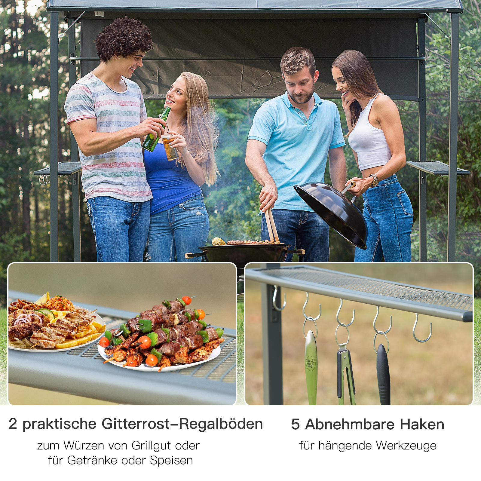 Eine Gruppe von Leuten grillt im Freien. Mit Grill, Essen, Getränken und einem Vordach.