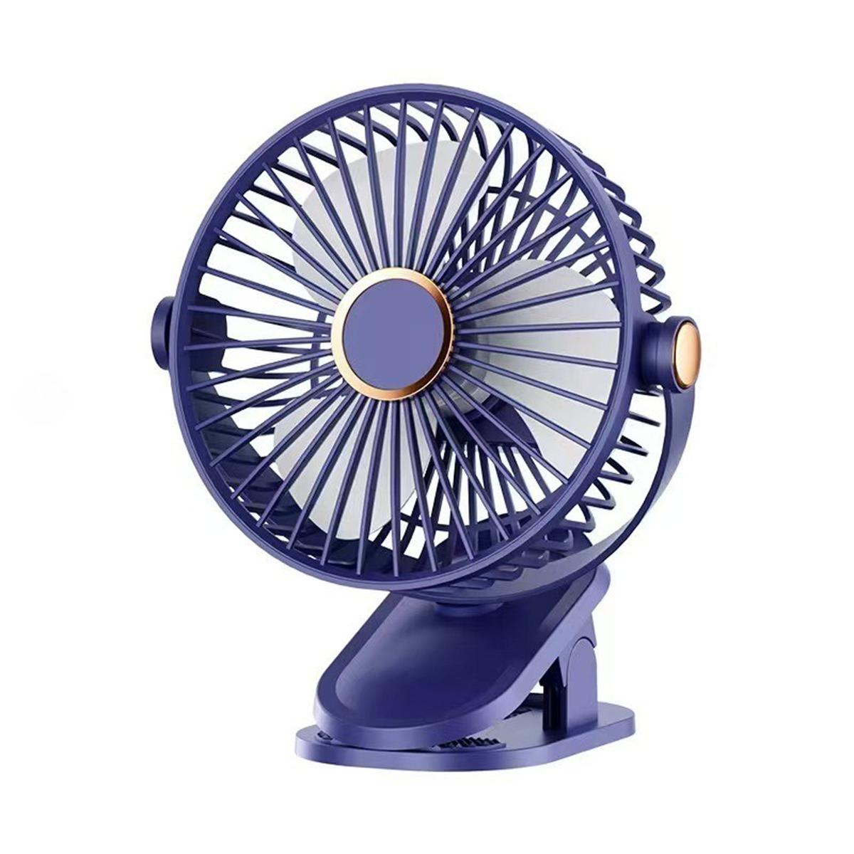 Ein kleiner, lila Ventilator mit goldenen Akzenten. Er hat einen Clip an der Basis.
