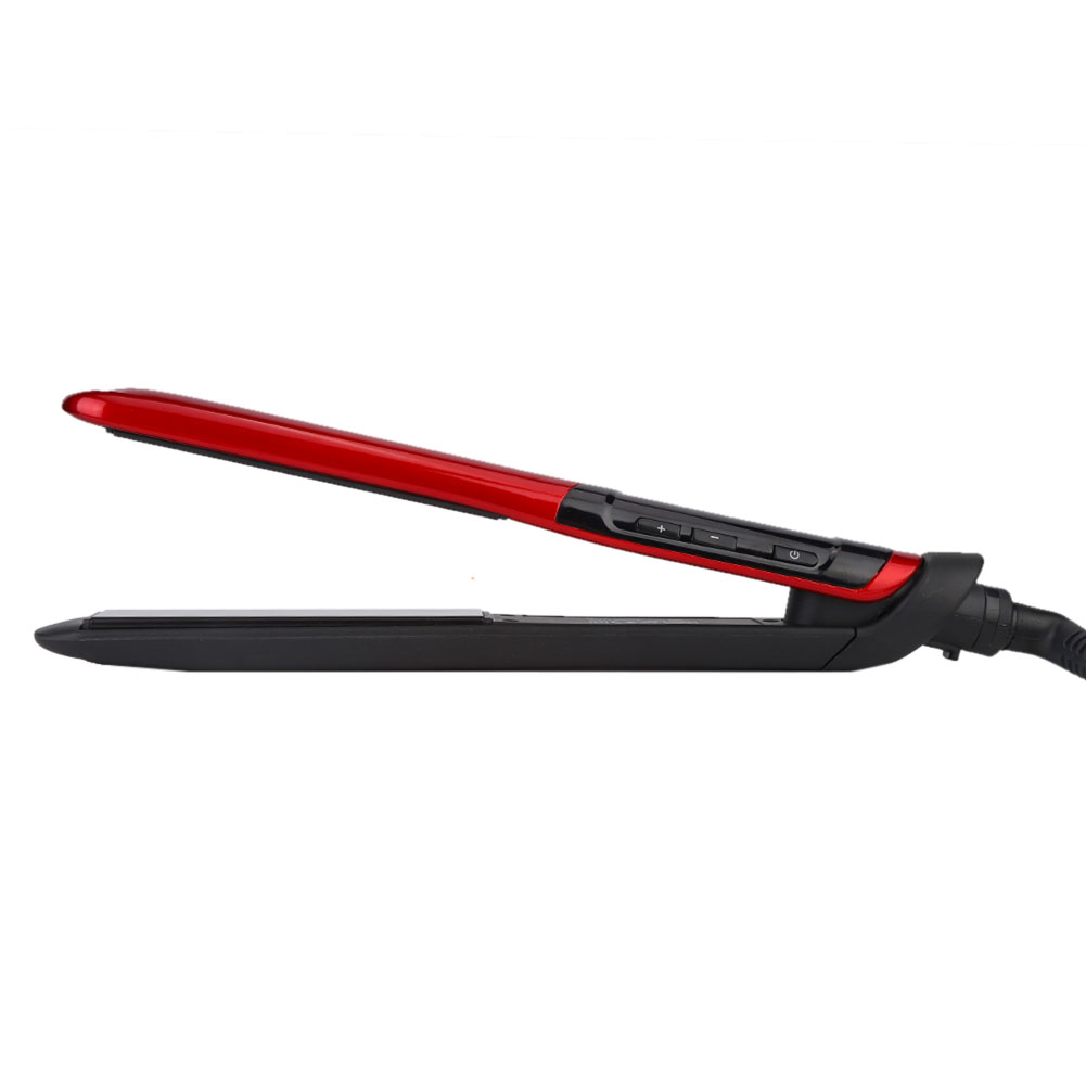Ein rotes und schwarzes Glätteisen. Es hat ein schlankes Design mit Steuertasten und Netzkabel.