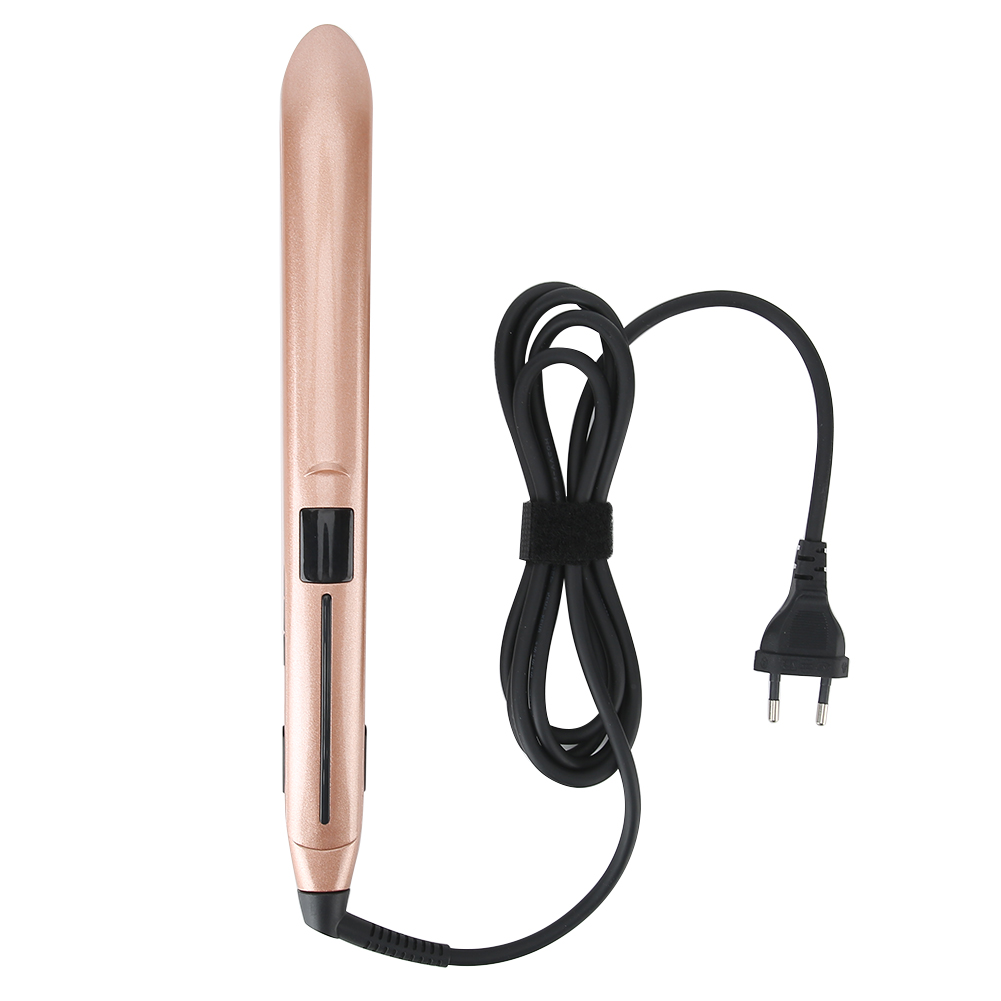 Roségoldenes Glätteisen mit schwarzem Kabel und Stecker. Weißer Hintergrund.