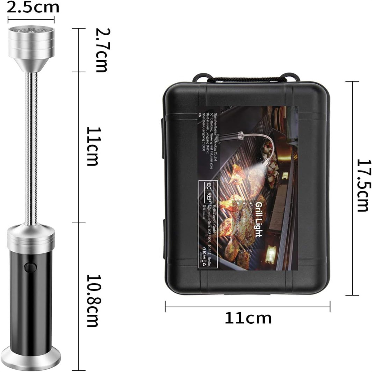 Grilllicht mit schwarzem Sockel, flexiblem Hals und LED-Licht. Schwarzes Gehäuse rechts.