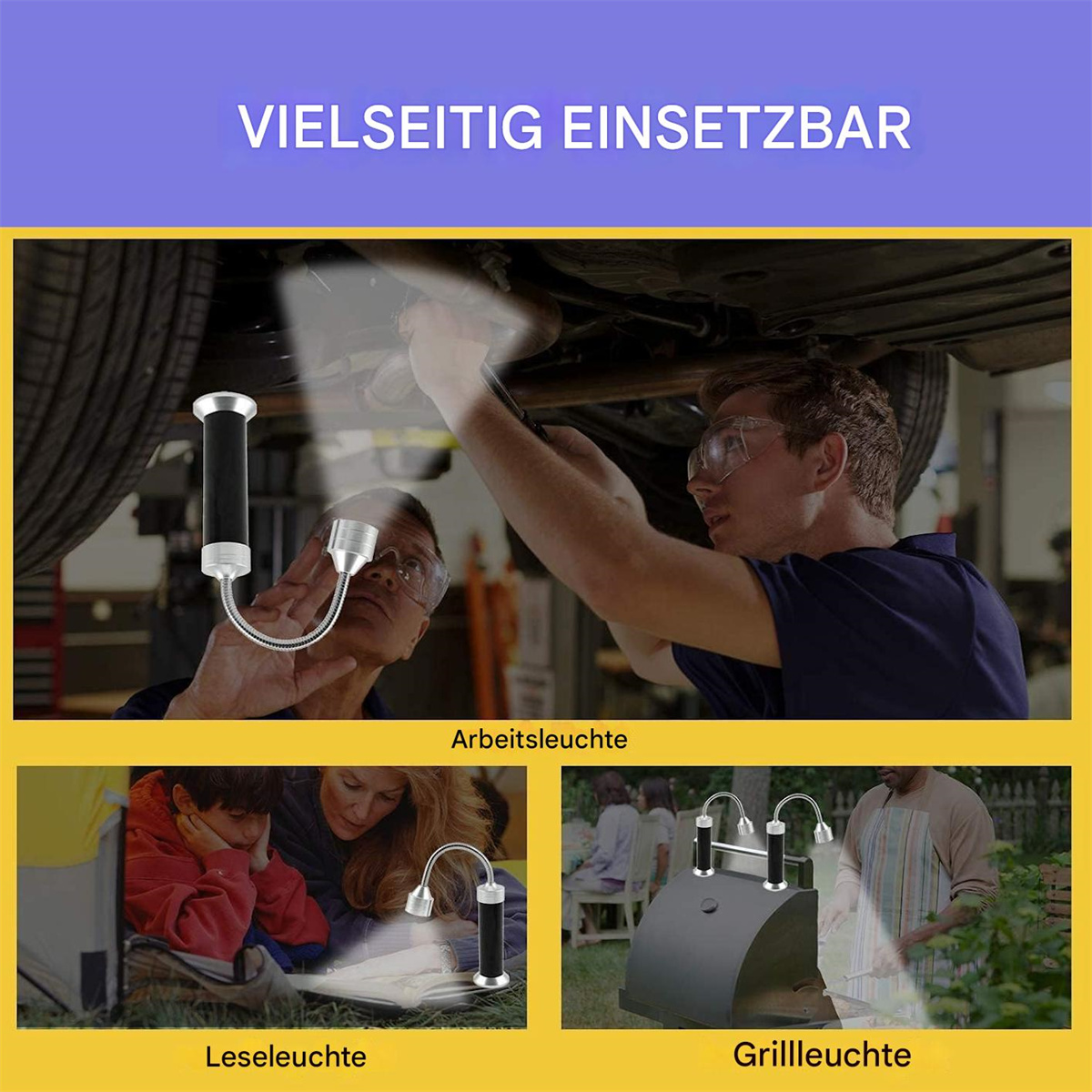 Eine Collage zeigt Lichter für verschiedene Zwecke: Arbeit, Lesen und Grillen, mit einem Haupttext oben.