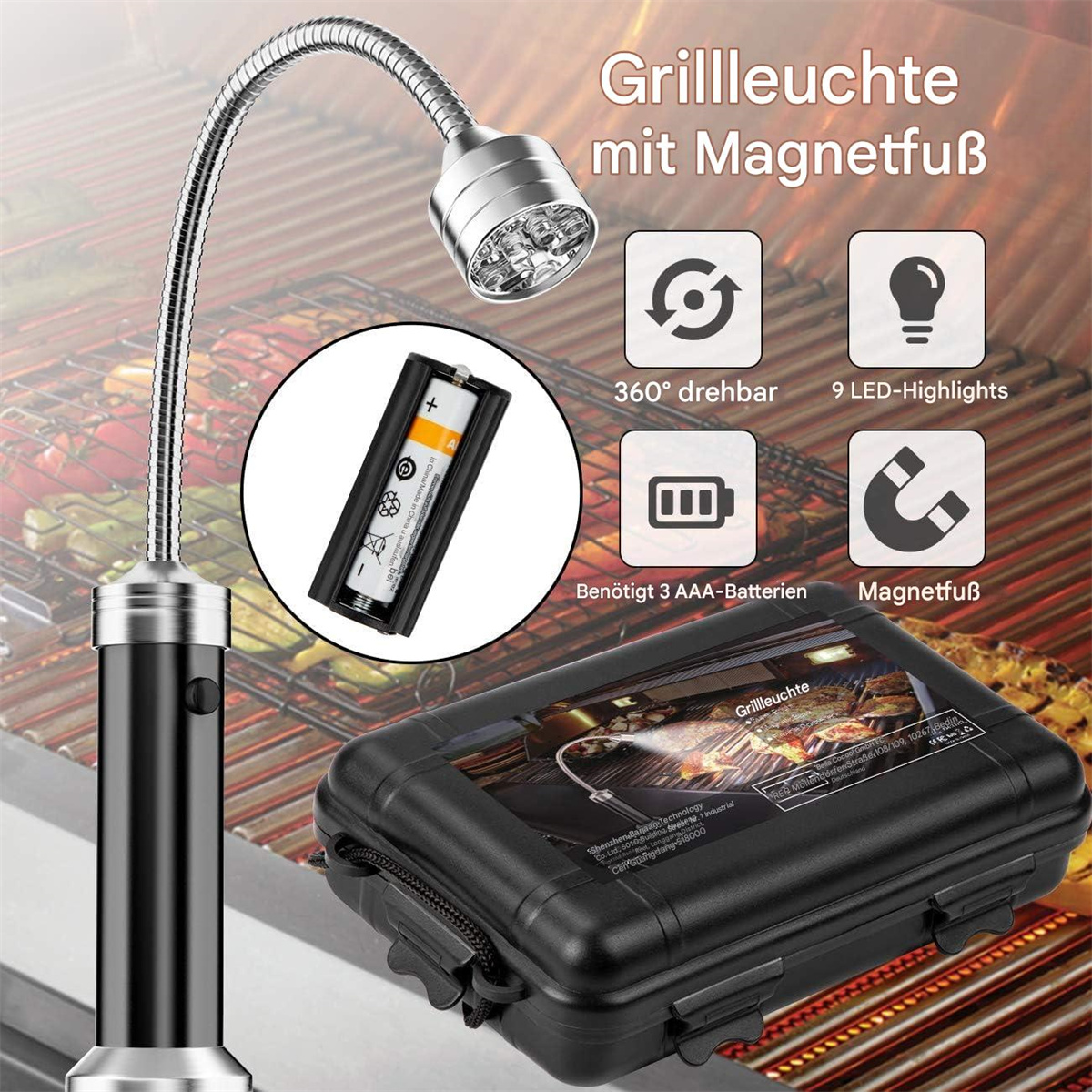Grilllicht mit Batterien und schwarzem Gehäuse. Das Licht hat einen flexiblen Hals.