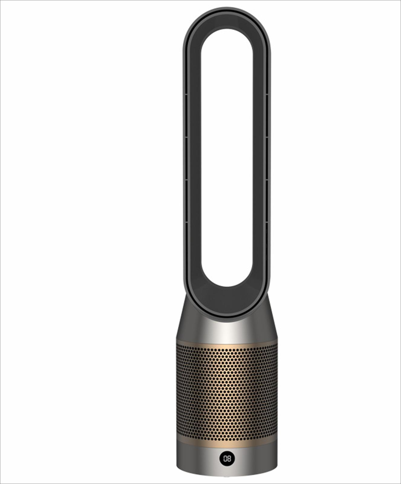 Ein grau-schwarzer Turmventilator mit ovalem Luftauslass. Der Ventilator steht auf weißem Hintergrund.