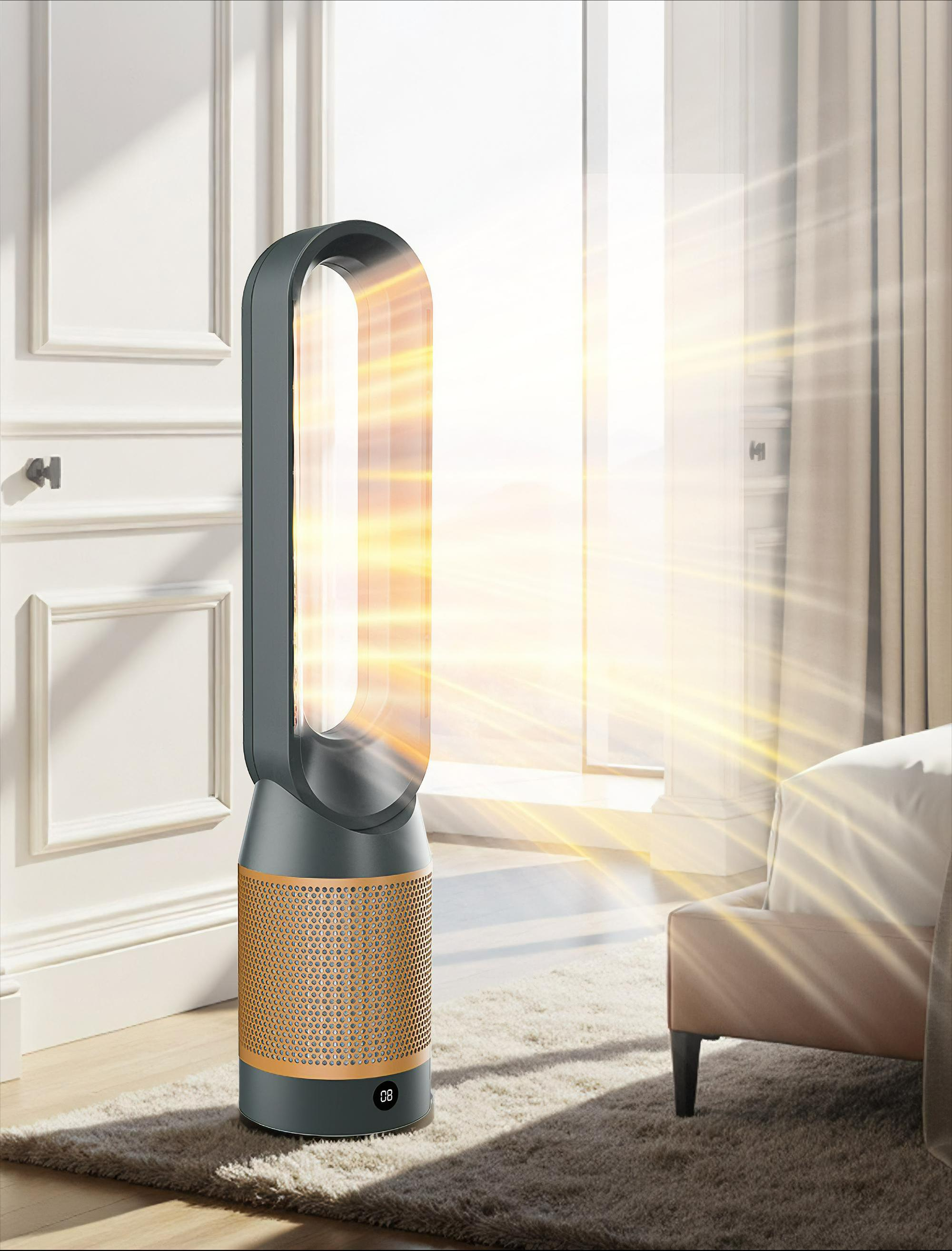 Ein hoher, grauer Ventilator mit goldenem Gitter in einem Raum. Sonnenlicht scheint durch ein Fenster.