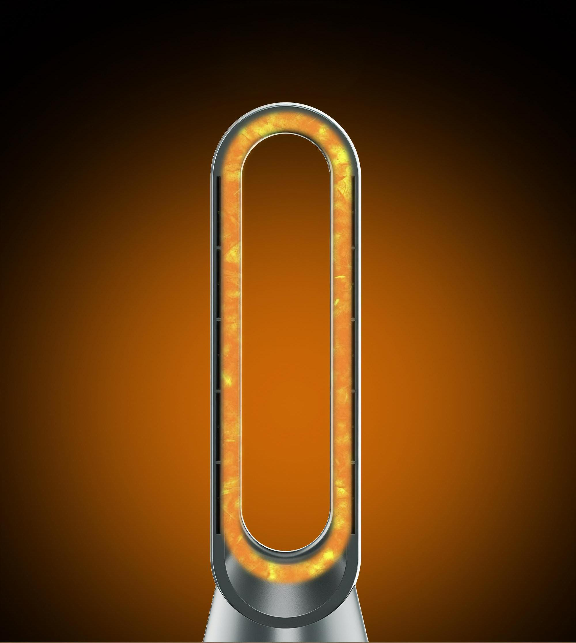 Ein hoher, silberner Ventilator mit ovaler Öffnung, die orangefarbenes Licht emittiert. Der Hintergrund orange.