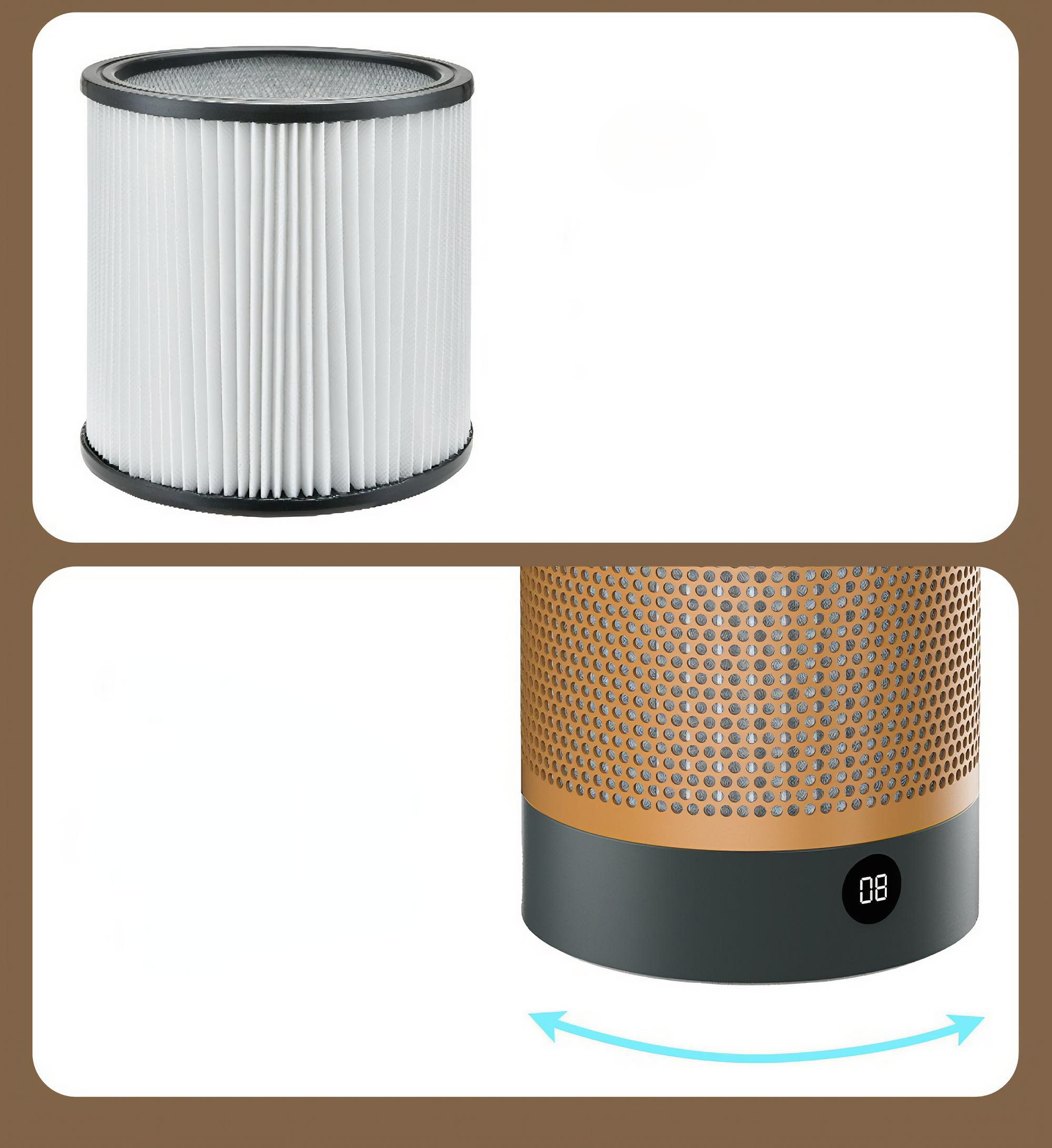 Zwei Bilder eines Luftfilterfilters und -sockels. Der Filter ist weiß, der Sockel goldfarben und dunkelgrau.