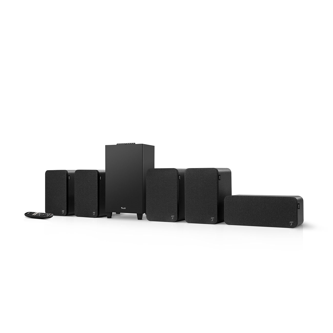 Ein schwarzes Surround-Sound-System mit mehreren Lautsprechern und einem Subwoofer sowie einer Fernbedienung.
