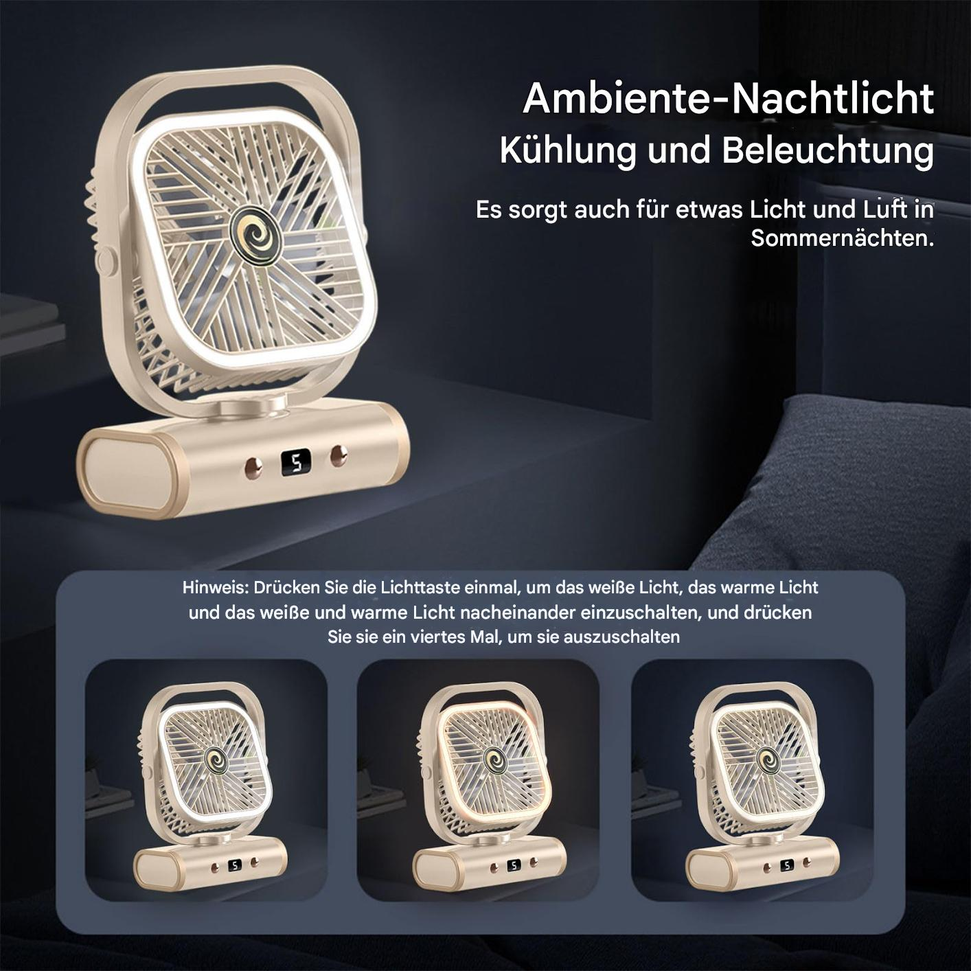Ein beiger Mini-Ventilator mit Display, Text und drei kleineren Bildern mit verschiedenen Lichteinstellungen.