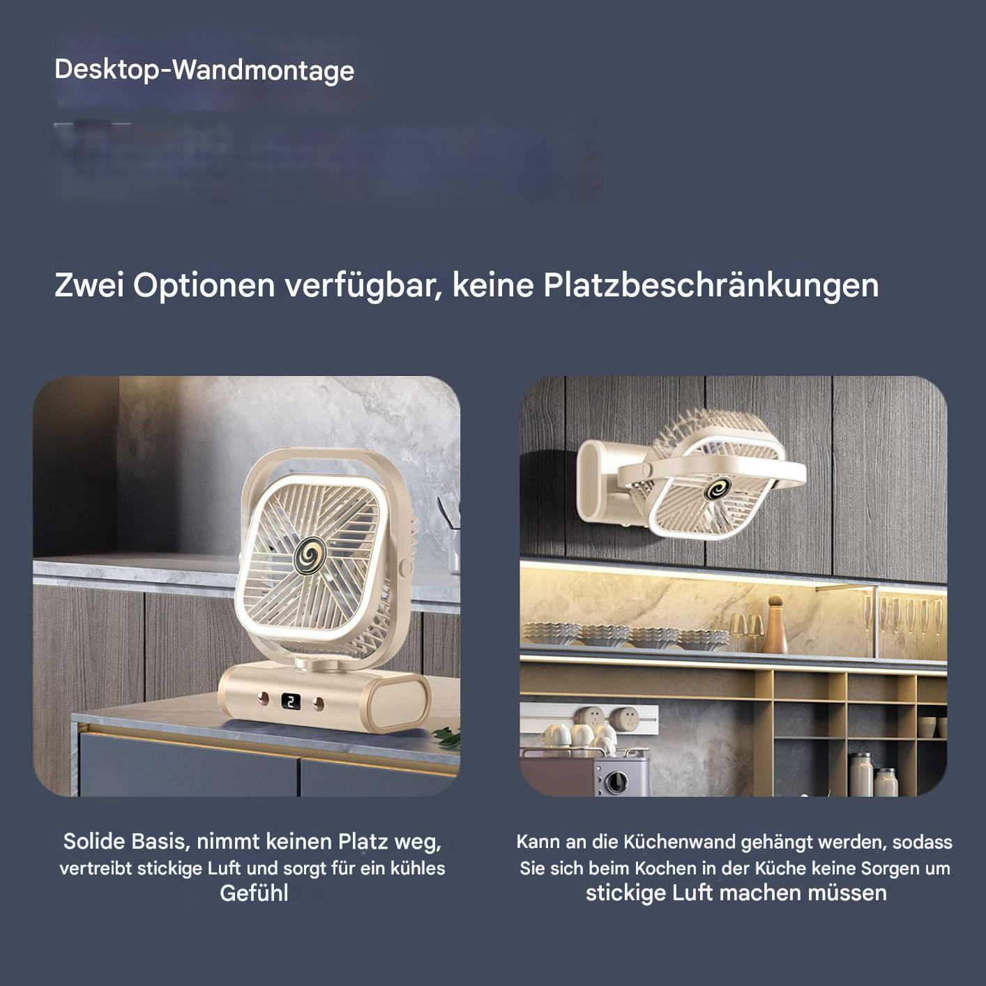Zwei kleine Ventilatoren, einer auf einer Oberfläche und einer an der Wand, beide cremefarben, mit deutschem Text.