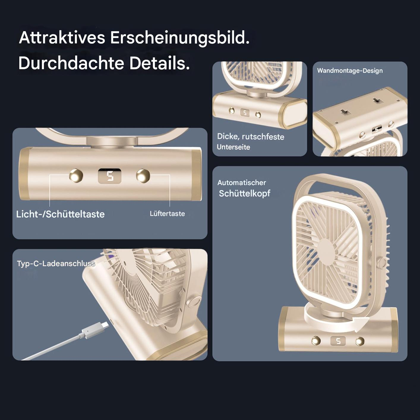 Nahaufnahme eines Ventilators mit beschrifteten Details, Knöpfen, C-Typ Ladeanschluss usw.