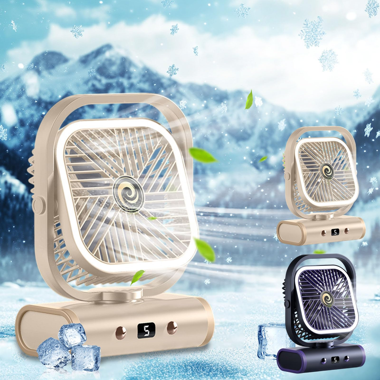 Drei kleine Ventilatoren, einer auf einer Oberfläche, zwei mit Eiswürfeln und einer mit verschneitem Berg im Hintergrund.