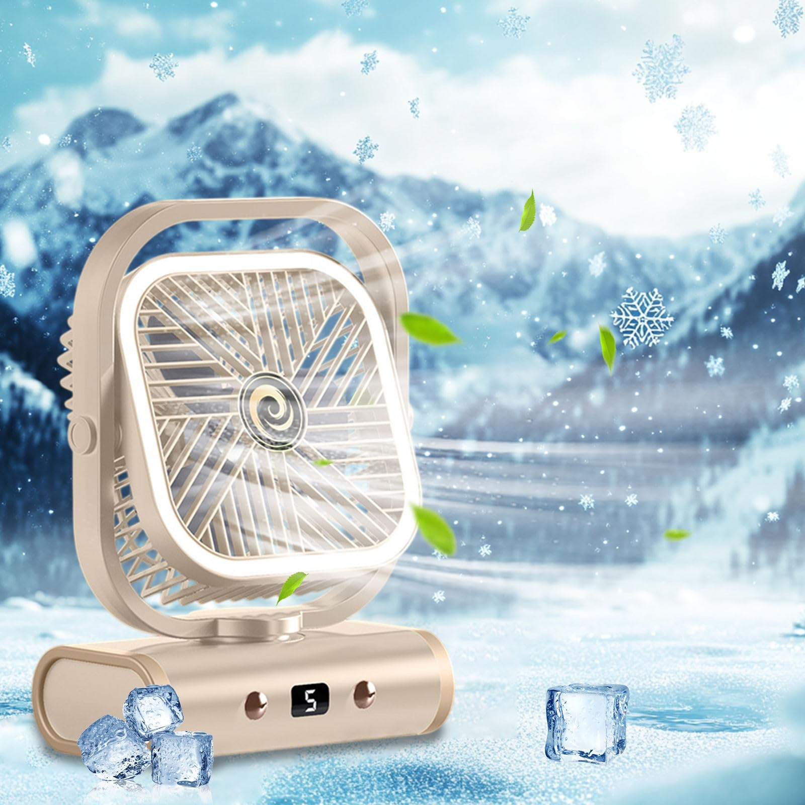 Ein beigefarbener, quadratischer Ventilator mit Eiswürfeln und schneebedecktem Bergpanorama.