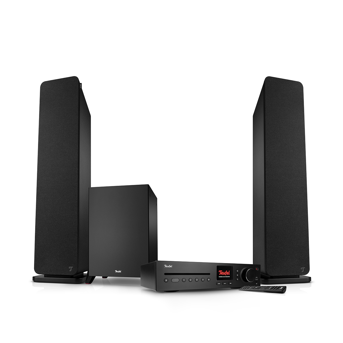 Sistema home theater nero con due altoparlanti alti, un subwoofer, un ricevitore e un telecomando.
