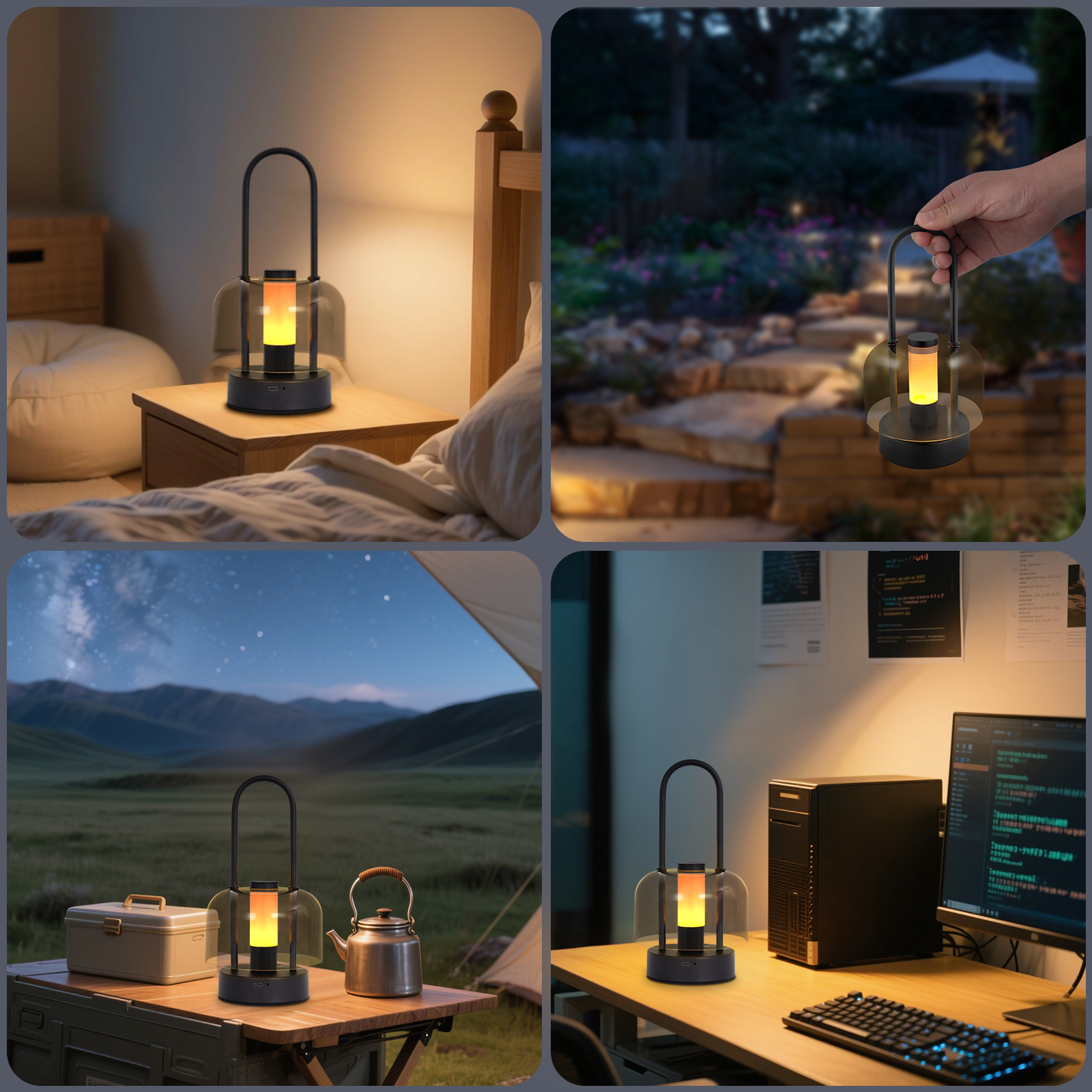 Latarnia w czterech różnych ustawieniach: sypialnia, na zewnątrz, scena nocna i biurko.